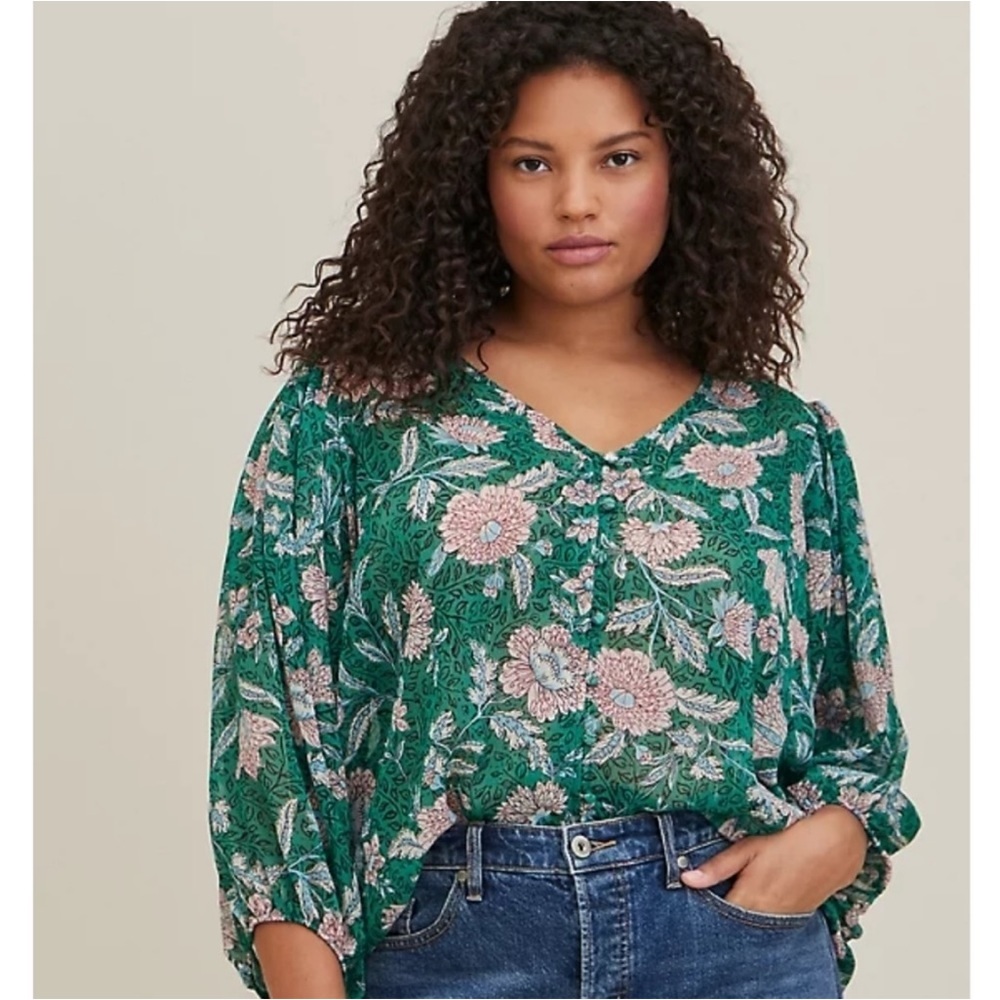 Torrid Chiffon Lurex Button Up Floral Flowy Blouse Size 1X